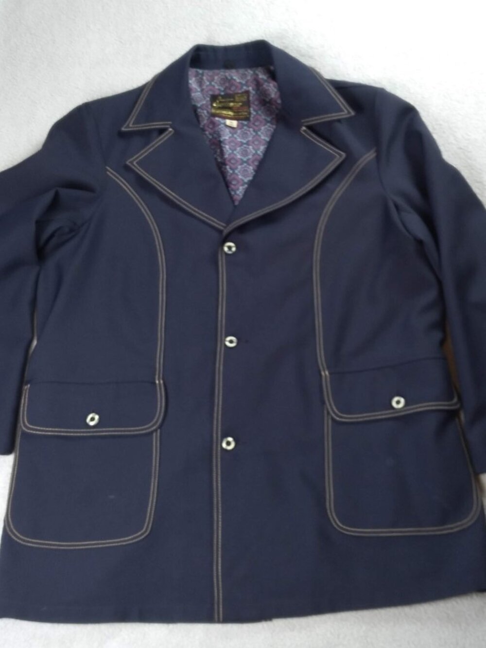 Vtg 70s Sears Mens Leisure Jacket Sz 46 XL Navy Blue Polyester Contrast Stitch